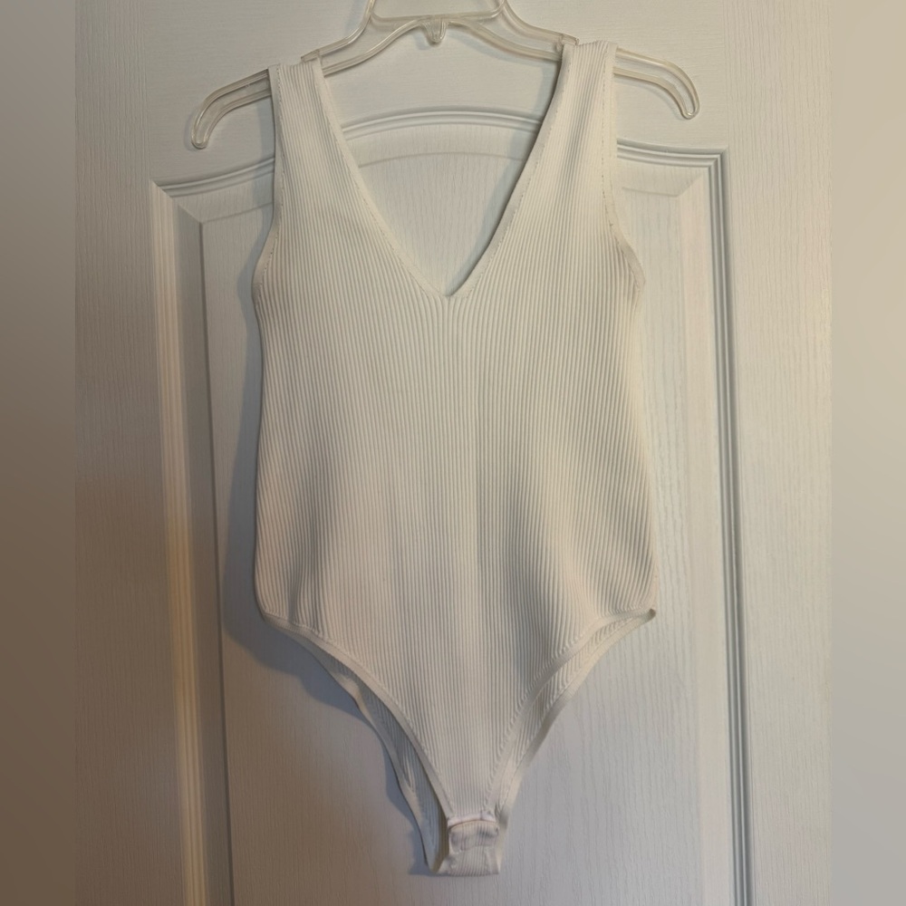 Wishlist White ivory ribbed knit v bodysuit from leather and lace boutique